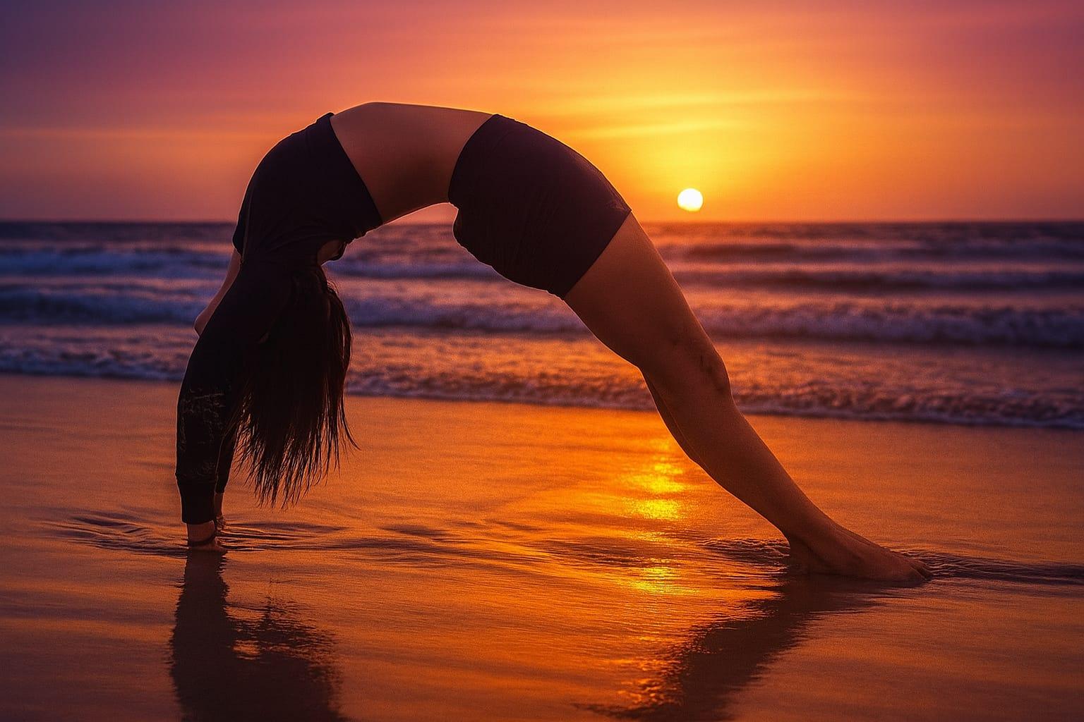 Aparna practicing yoga by the ocean at sunset
